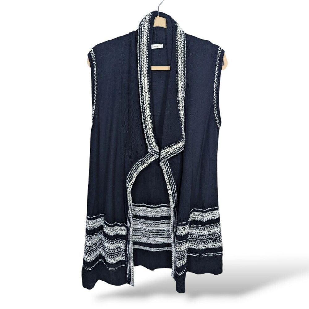 Vince Cardigan Duster XL‎ Sleeveless  Navy White Sweater Vest Open Drapey
